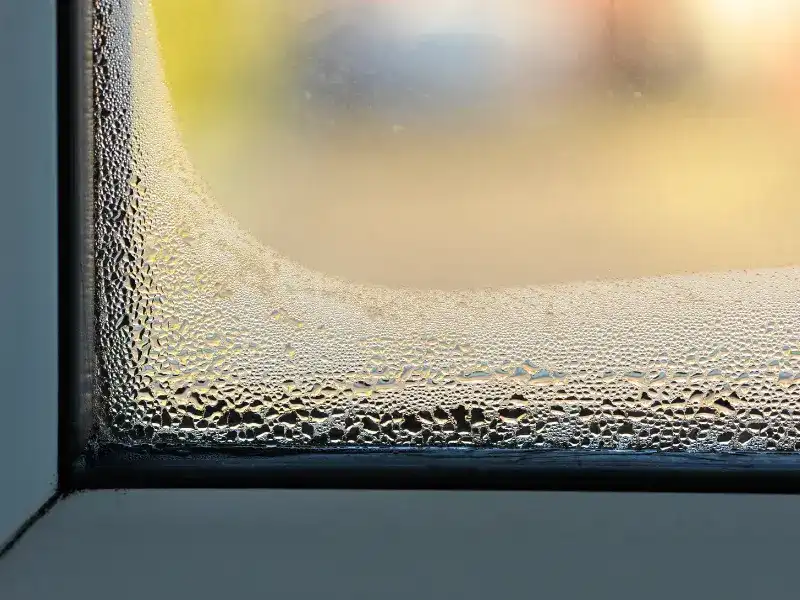 Window with condensation droplets on
